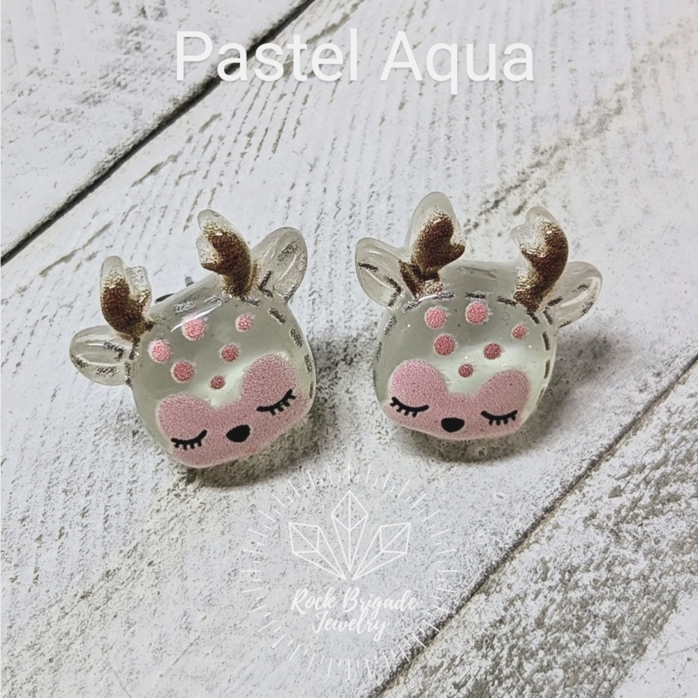 Reindeer Studs Christmas Earrings Pastel Aqua Nickel Free Hypoallergenic
